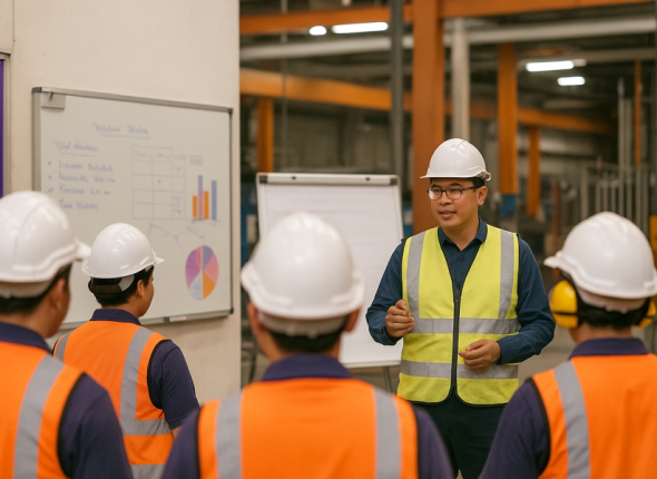 Suasana pabrik di Indonesia dengan para pekerja menggunakan helm putih dan rompi oranye-ungu, mengikuti briefing di depan papan tulis dan layar grafik, memvisualisasikan praktik komunikasi organisasi yang efektif lintas shift.