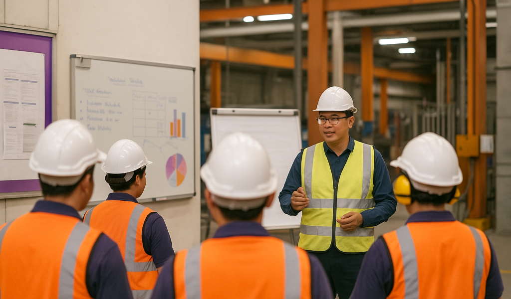 Suasana pabrik di Indonesia dengan para pekerja menggunakan helm putih dan rompi oranye-ungu, mengikuti briefing di depan papan tulis dan layar grafik, memvisualisasikan praktik komunikasi organisasi yang efektif lintas shift.