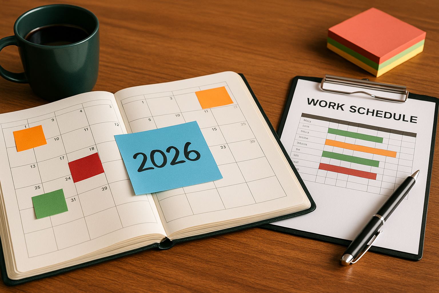 Kalender dan jadwal kerja 2026 di atas meja kerja dengan pencahayaan lembut, memperlihatkan perencanaan jadwal kerja 2026 secara rapi dan profesional, dilengkapi aksen warna hijau tua, oranye, dan merah marun.