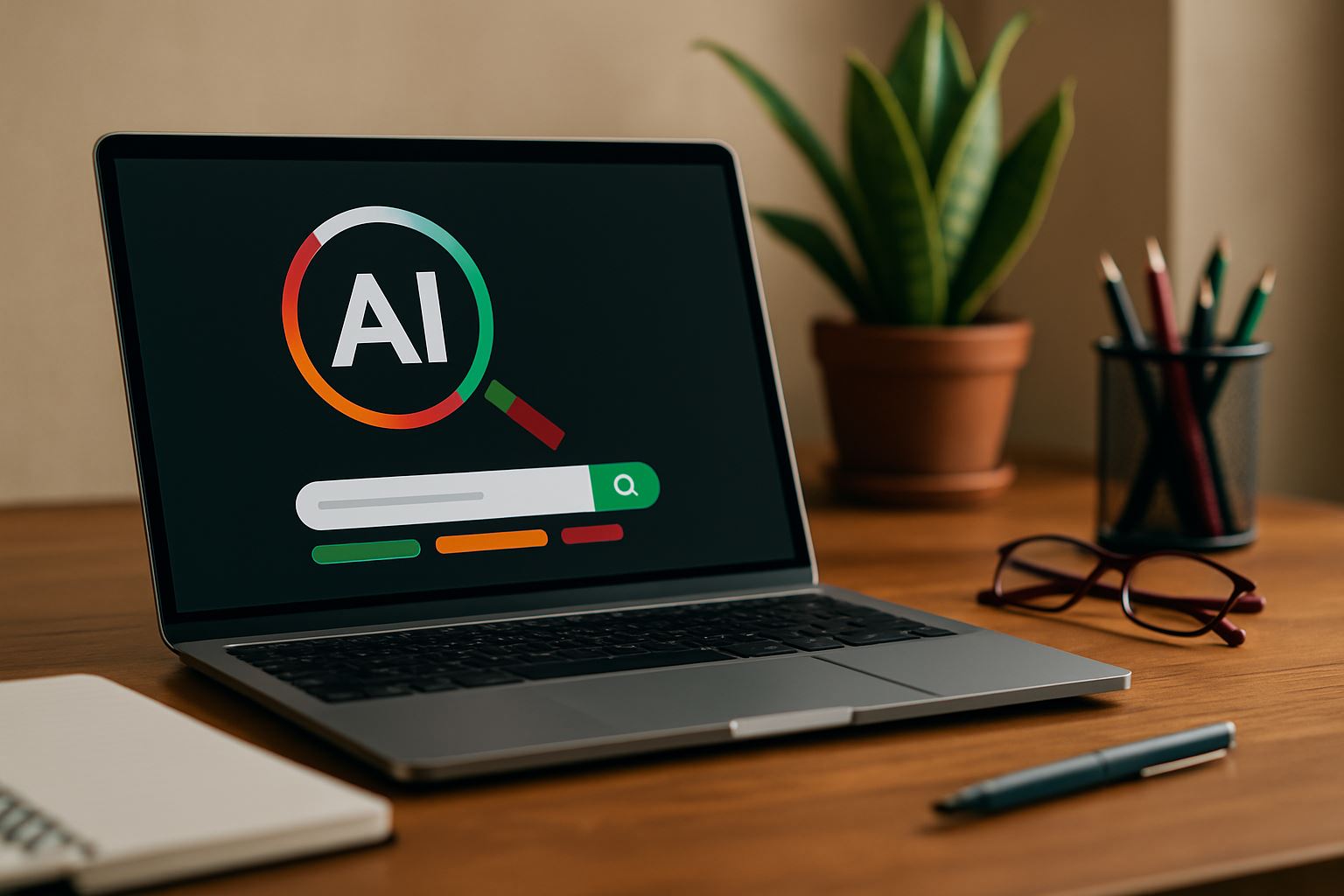 Laptop di meja kerja modern dengan tampilan simbol AI pencarian, dikelilingi tanaman hijau, alat tulis, dan cahaya lembut, menggambarkan konsep optimasi konten untuk agen dalam konteks strategi SEO-AIEO modern.