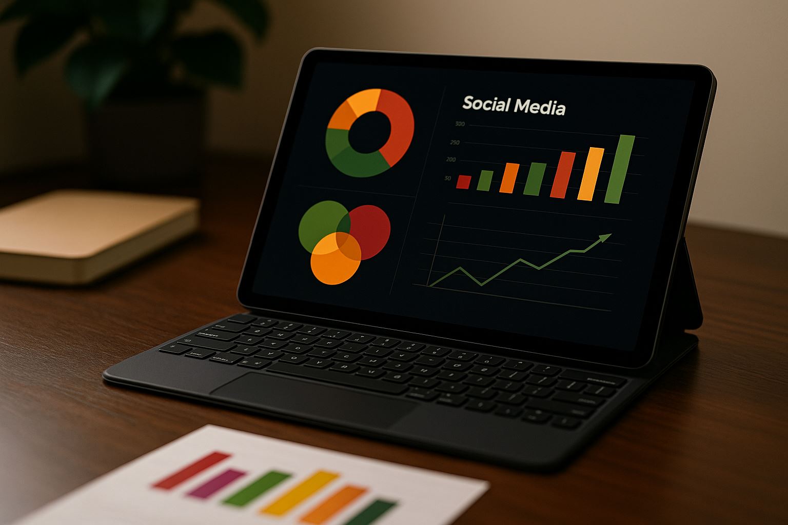 Tablet modern menampilkan data strategi distribusi konten HR di media sosial, dengan grafik berwarna #B56019, #015519, #DA7E0B, #028C15, #760129, dan #AD0324 di atas meja kayu gelap yang diterangi cahaya lembut, menggambarkan lanskap sosmed Indonesia 2025 secara profesional dan futuristik.