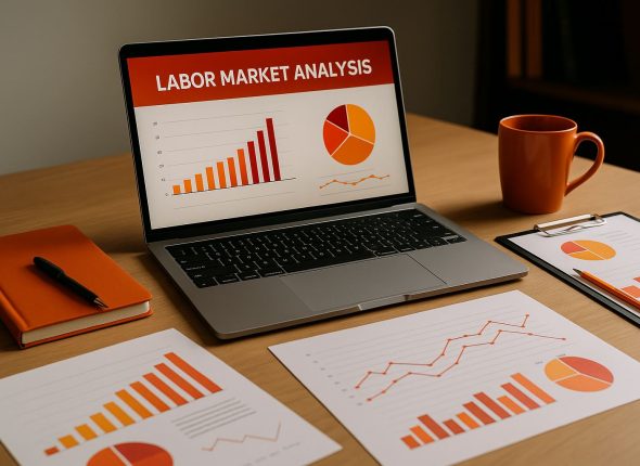 Analisis pasar tenaga kerja di Jakarta 2025 divisualisasikan melalui foto realistik ultra-detail yang menampilkan grafik tren, laporan ekonomi, dan suasana profesional bernuansa oranye-merah, merepresentasikan dinamika TPAK dan TPT dalam perencanaan headcount di Jabodetabek.