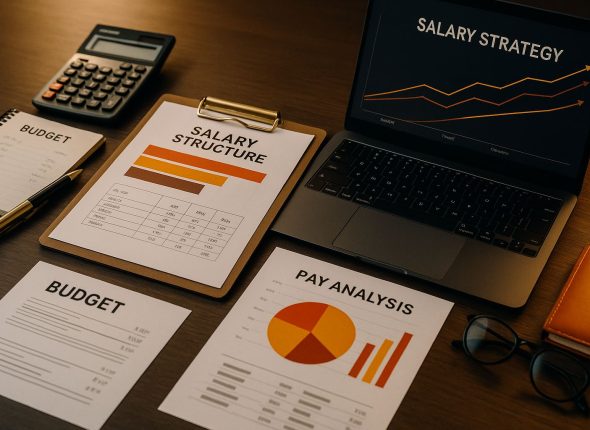 Foto realistik ultra-detail memperlihatkan suasana kerja profesional untuk strategi struktur gaji Jabodetabek, menampilkan dokumen analisis kompensasi, perhitungan anggaran, dan perencanaan pay equity tanpa kehadiran manusia.