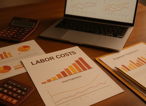 Ruang analisis keuangan profesional tanpa kehadiran manusia, menampilkan laporan biaya tenaga kerja, grafik proyeksi, kalkulator, dan laptop dengan suasana ultra-realistik yang menggambarkan proyeksi biaya tenaga kerja di Indonesia 2025–2026.