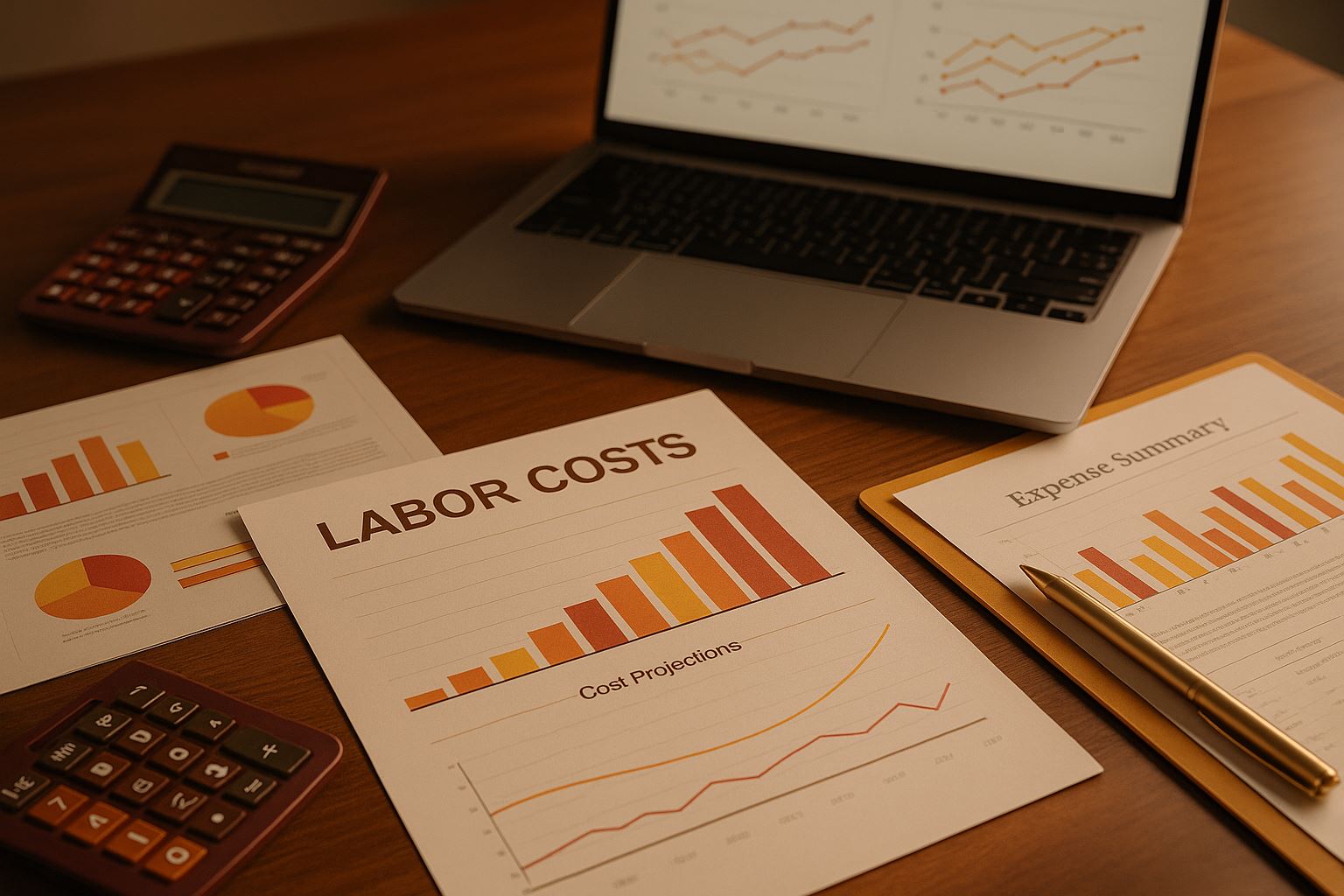 Ruang analisis keuangan profesional tanpa kehadiran manusia, menampilkan laporan biaya tenaga kerja, grafik proyeksi, kalkulator, dan laptop dengan suasana ultra-realistik yang menggambarkan proyeksi biaya tenaga kerja di Indonesia 2025–2026.
