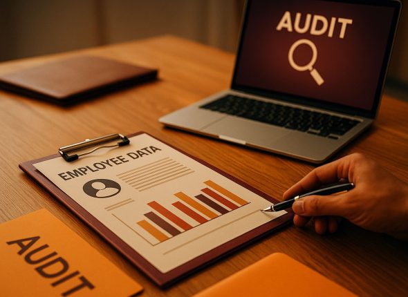 Foto profesional ultra-realistis menggambarkan suasana audit kepatuhan data karyawan di ruang kerja modern, menampilkan laporan data dan grafik analitik di atas meja kayu dengan pencahayaan lembut, mencerminkan aktivitas audit sesuai standar kepatuhan 2025–2026.