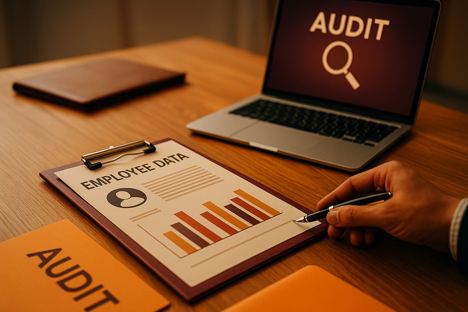 Foto profesional ultra-realistis menggambarkan suasana audit kepatuhan data karyawan di ruang kerja modern, menampilkan laporan data dan grafik analitik di atas meja kayu dengan pencahayaan lembut, mencerminkan aktivitas audit sesuai standar kepatuhan 2025–2026.