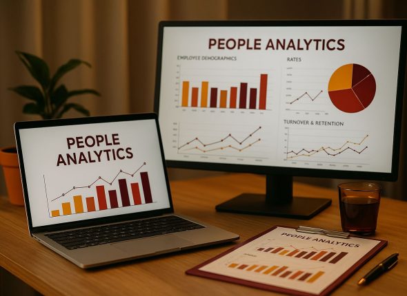 Foto ultra-realistis menggambarkan suasana ruang kerja modern dengan layar monitor dan laptop menampilkan visualisasi people analytics, memperlihatkan penerapan people analytics strategis secara profesional tanpa kehadiran manusia.