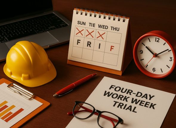 Meja kerja modern dengan kalender bertanda empat hari kerja, helm proyek, laptop, dan jam berwarna merah, menggambarkan uji coba empat hari kerja dalam konteks produktivitas kantor dan pabrik.