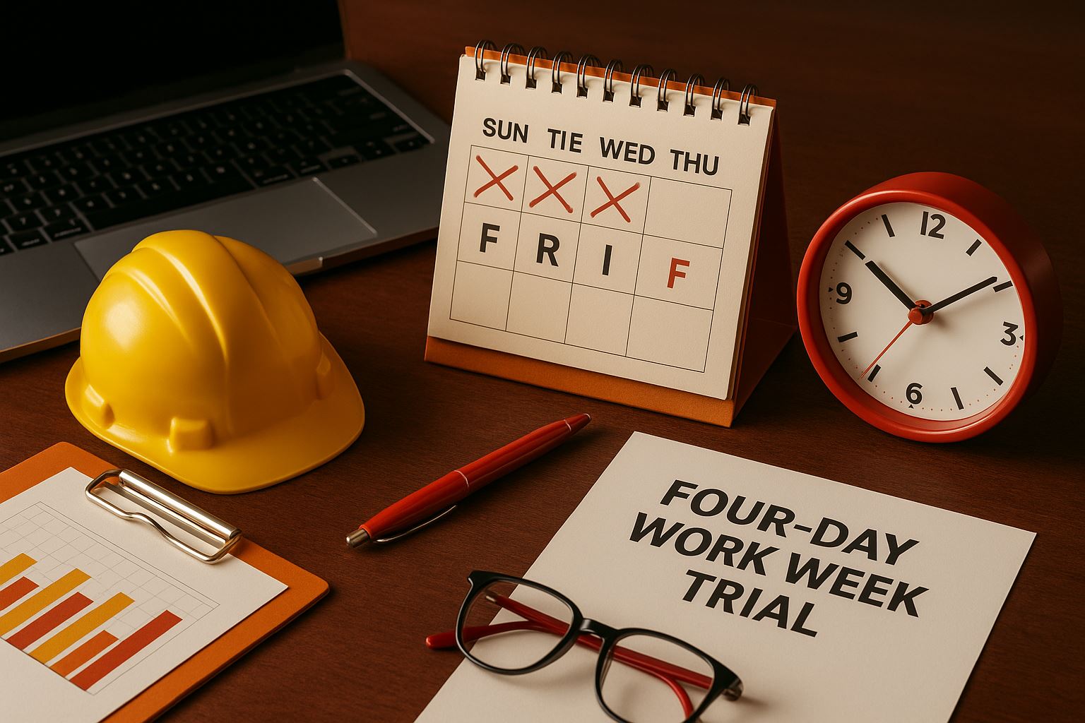 Meja kerja modern dengan kalender bertanda empat hari kerja, helm proyek, laptop, dan jam berwarna merah, menggambarkan uji coba empat hari kerja dalam konteks produktivitas kantor dan pabrik.