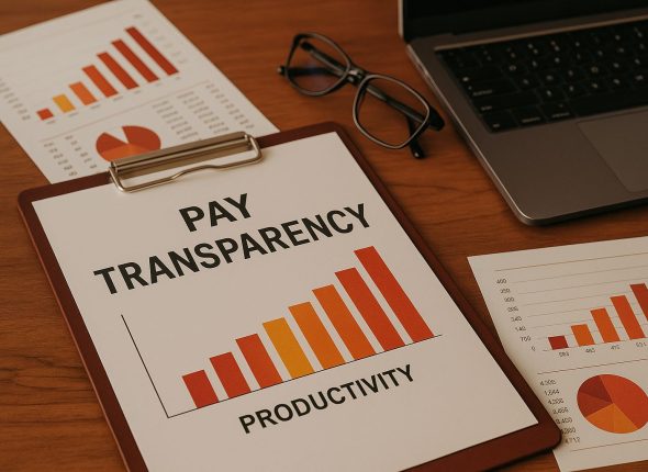 Grafik transparansi gaji dan produktivitas dengan komposisi profesional di meja kerja modern, menggambarkan hubungan antara keterbukaan upah dan peningkatan kinerja karyawan.