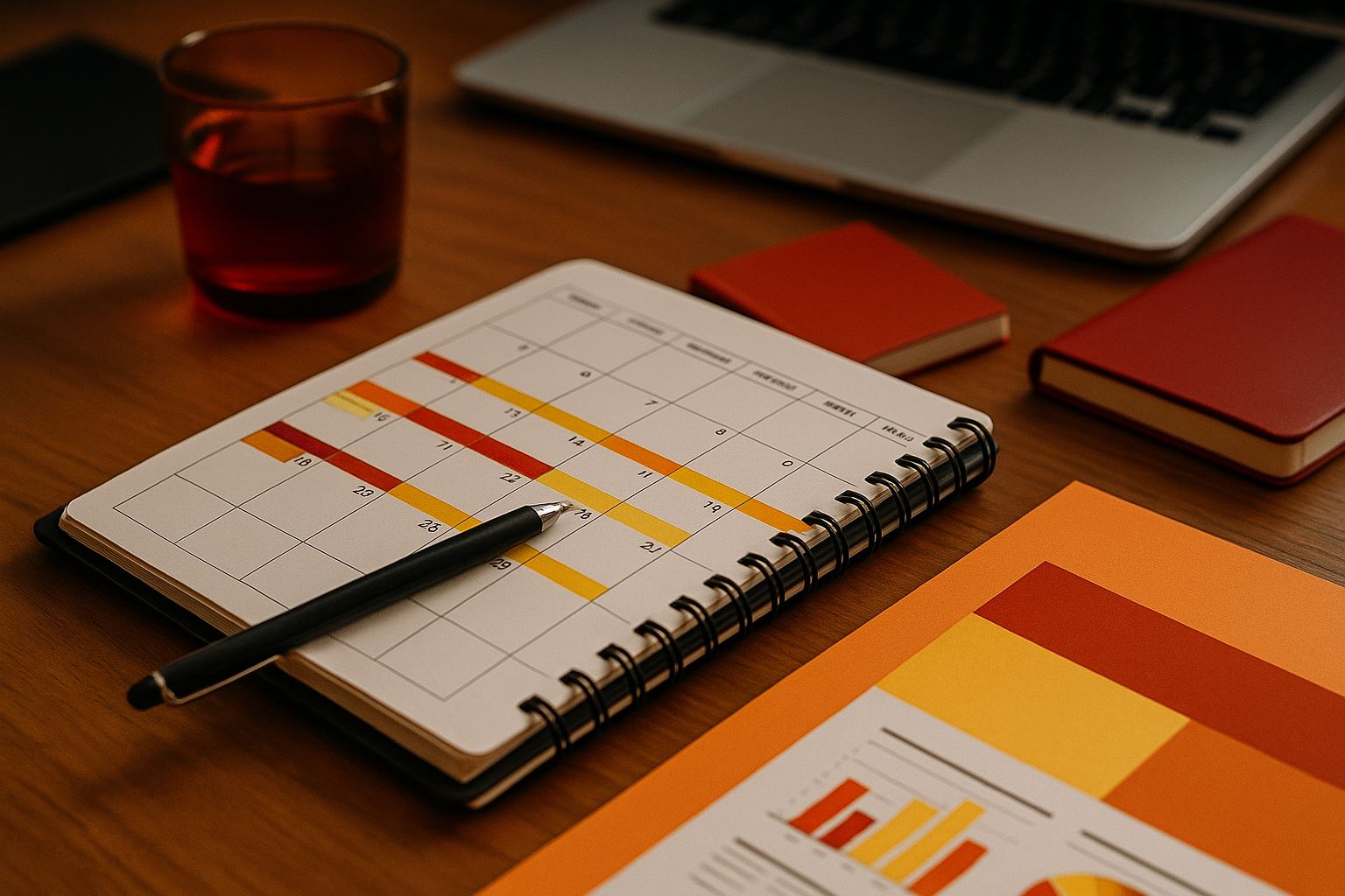 Ilustrasi profesional bertema optimasi roster operasional 2026, menampilkan meja kerja dengan kalender berwarna dan grafik analitik, menggambarkan perencanaan beban kerja menjelang hari besar nasional.