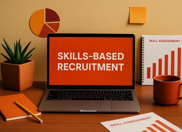 Ilustrasi ultra-realistik konsep rekrutmen berbasis keterampilan efektif di Asia Tenggara dalam format landscape dengan pencahayaan lembut dan nuansa warna hangat profesional.