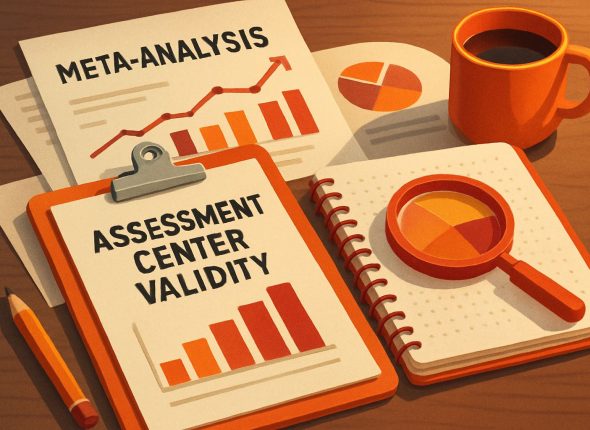 Ilustrasi profesional ultra-realistis dengan nuansa hangat menggambarkan validitas assessment center dalam evaluasi kinerja organisasi, menonjolkan elemen analisis data dan hasil meta-analisis.