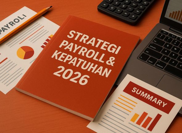 Strategi payroll kepatuhan 2026 dalam ilustrasi ultra-realistis tanpa manusia menampilkan meja kerja profesional dengan laporan analisis keuangan dan sistem payroll digital berwarna aksen oranye dan merah elegan.