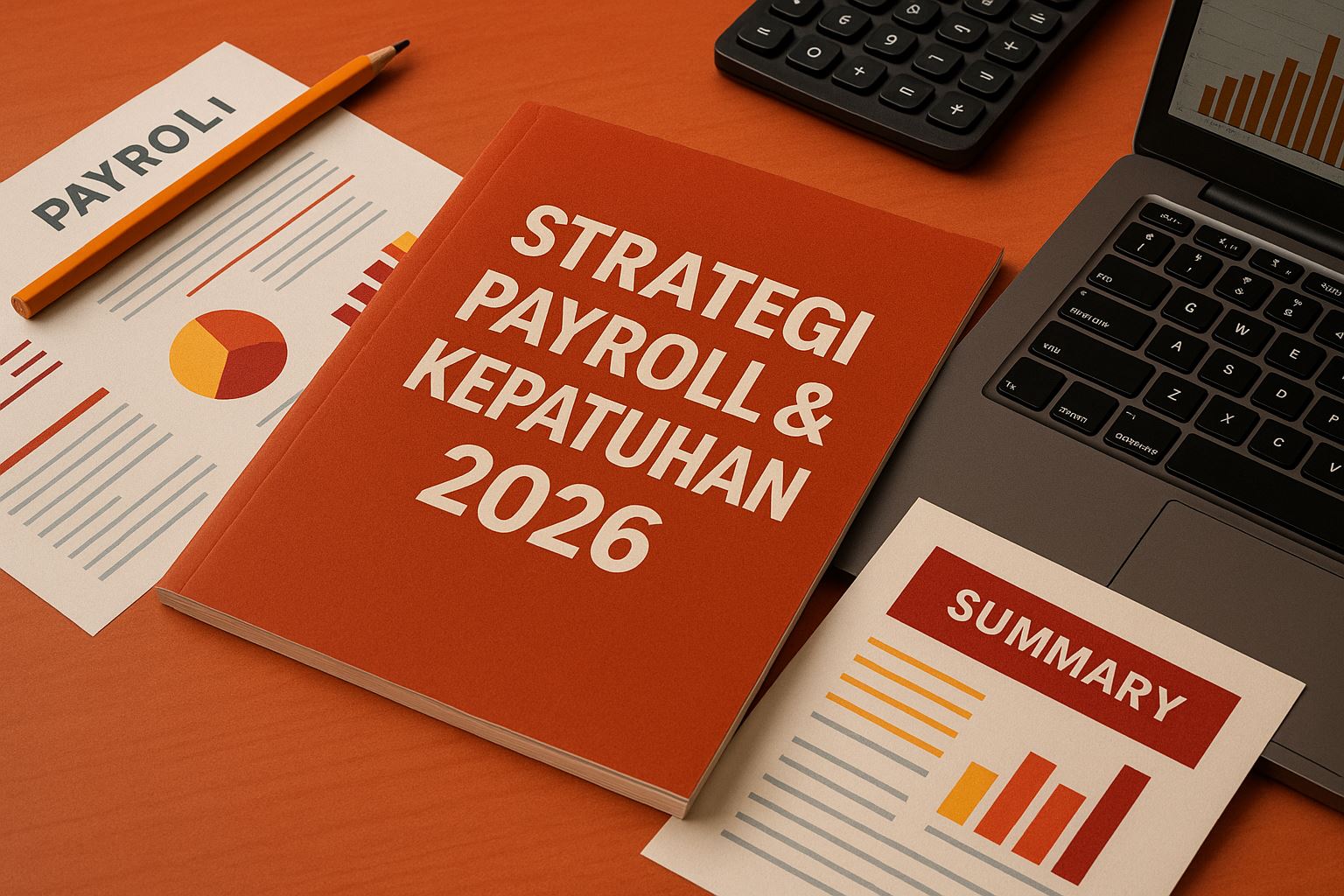 Strategi payroll kepatuhan 2026 dalam ilustrasi ultra-realistis tanpa manusia menampilkan meja kerja profesional dengan laporan analisis keuangan dan sistem payroll digital berwarna aksen oranye dan merah elegan.