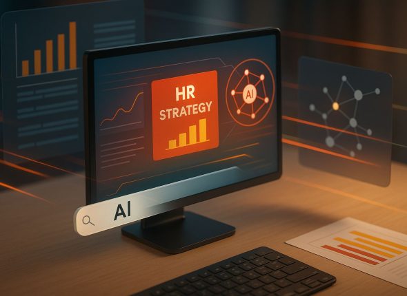 Ilustrasi strategi generative seo hr untuk tim HR dalam era AI Mode dan AI Overviews tanpa kehadiran manusia