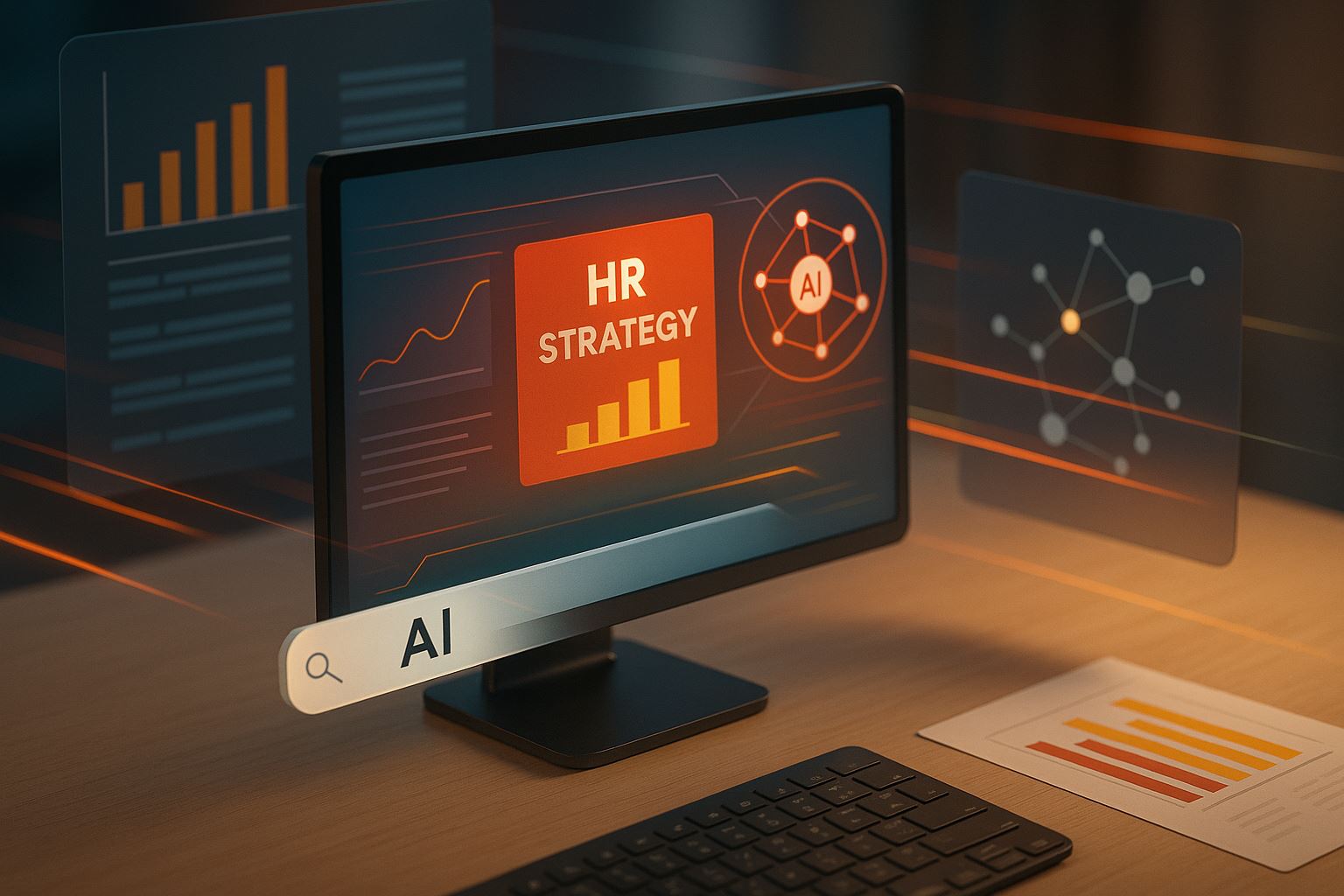 Ilustrasi strategi generative seo hr untuk tim HR dalam era AI Mode dan AI Overviews tanpa kehadiran manusia