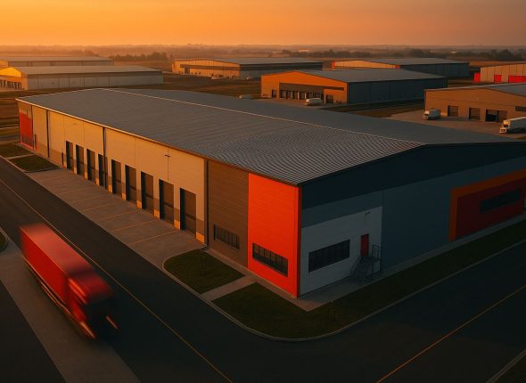 Perencanaan headcount koridor industri di kawasan industri Jabodetabek–Karawang, deretan gudang modern tanpa manusia dengan pencahayaan lembut senja dan aksen oranye merah yang menonjolkan dinamika permintaan tenaga kerja.