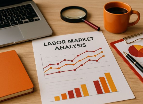 Ilustrasi analisis pasar tenaga kerja yang menggambarkan dinamika tren tenaga kerja Jakarta tahun 2025 dalam konteks strategi rekrutmen 2026.