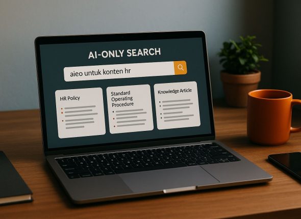 Ilustrasi workspace digital ultra-realistis yang menampilkan AI-only search mengkurasi kebijakan HR dan artikel pengetahuan organisasi dengan aieo untuk konten hr sebagai pusat pengelolaan informasi.