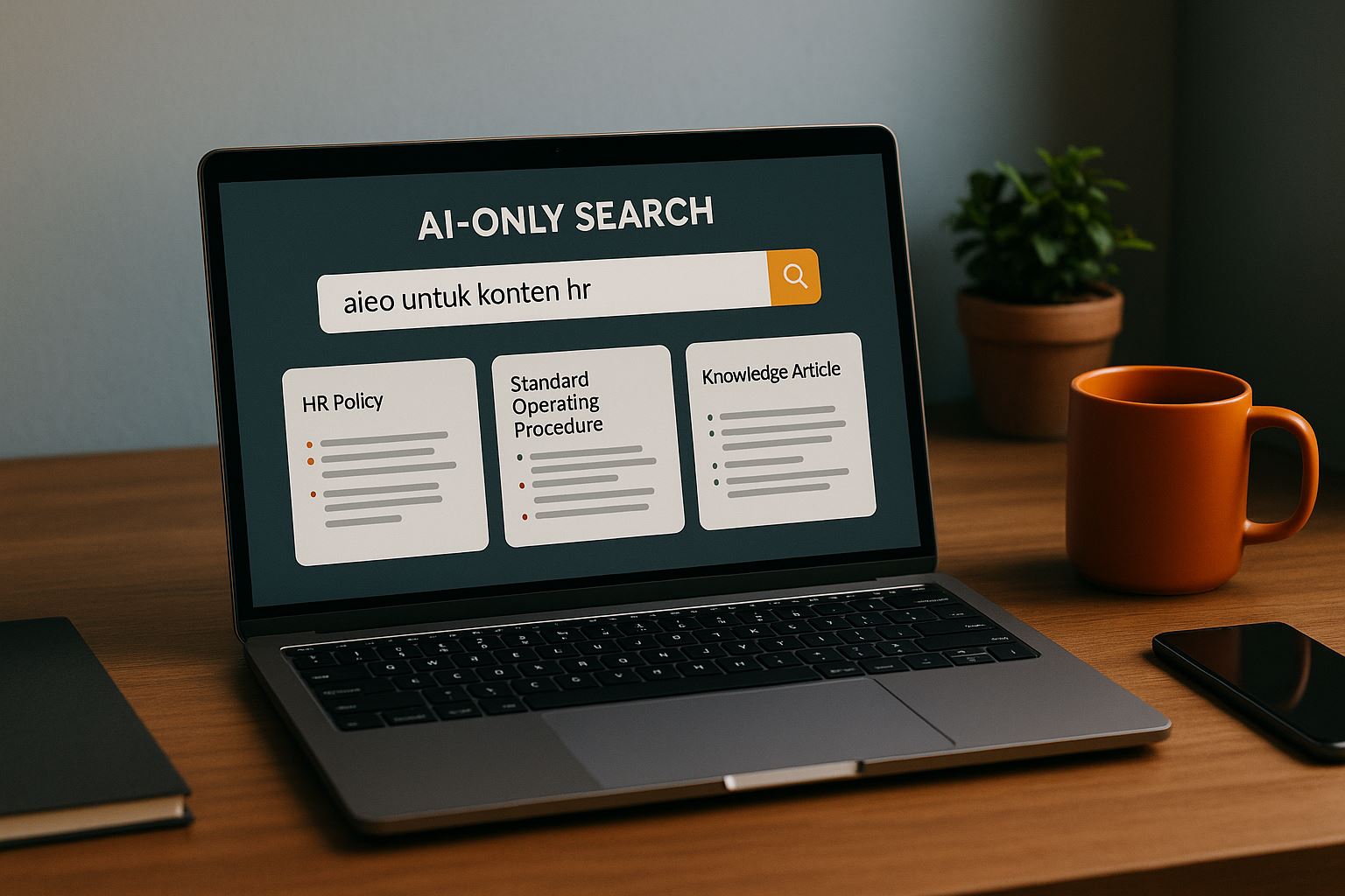 Ilustrasi workspace digital ultra-realistis yang menampilkan AI-only search mengkurasi kebijakan HR dan artikel pengetahuan organisasi dengan aieo untuk konten hr sebagai pusat pengelolaan informasi.