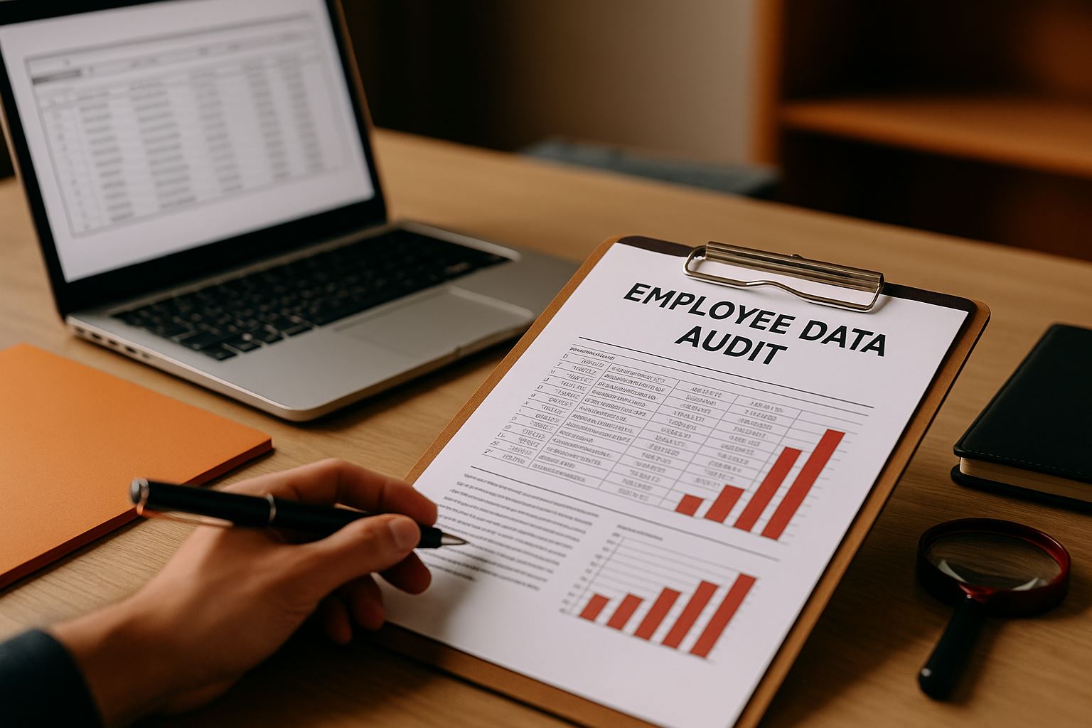 Ilustrasi audit kepatuhan data karyawan untuk memastikan pengelolaan informasi personal sesuai regulasi perlindungan data.