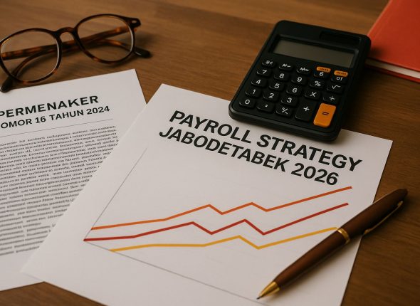 Ilustrasi profesional bertema strategi payroll Jabodetabek 2026 menampilkan elemen analisis keuangan dan dokumen regulasi untuk menggambarkan proyeksi upah minimum berdasarkan Permenaker 16 2024.