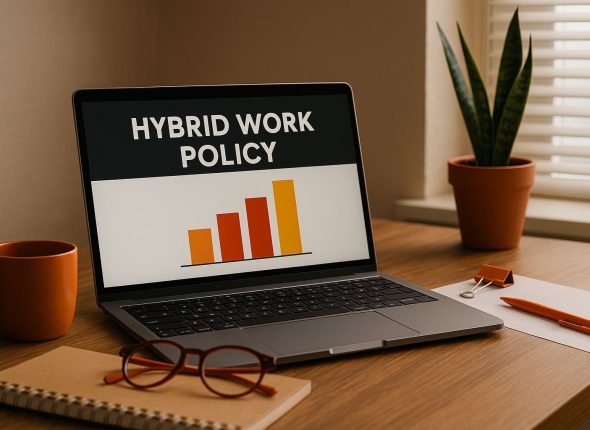 Ilustrasi ruang kerja modern tanpa manusia dengan cahaya lembut yang menggambarkan konsep kebijakan hybrid berbasis bukti untuk lingkungan kerja masa depan.