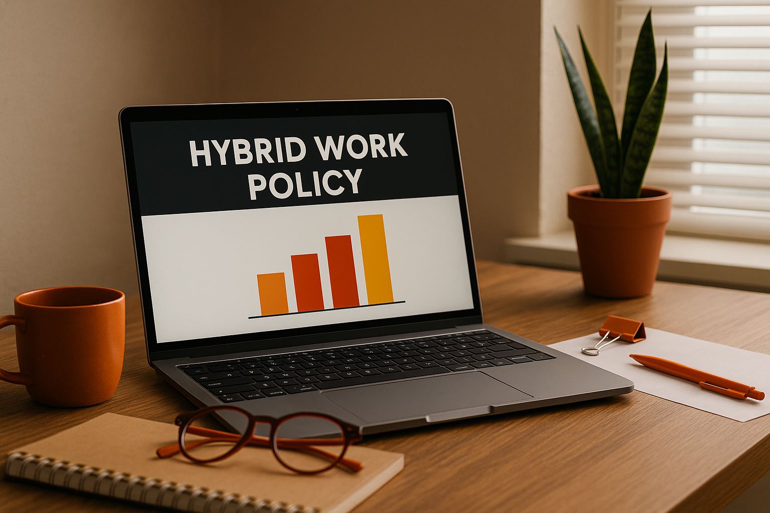 Ilustrasi ruang kerja modern tanpa manusia dengan cahaya lembut yang menggambarkan konsep kebijakan hybrid berbasis bukti untuk lingkungan kerja masa depan.