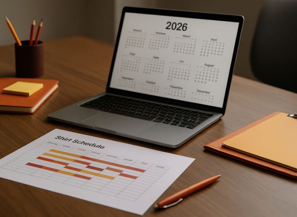 Ilustrasi ruang kerja modern dengan kalender 2026 dan tabel shift untuk mendukung penjadwalan kerja efektif 2026 dalam perencanaan operasional kantor dan pabrik.