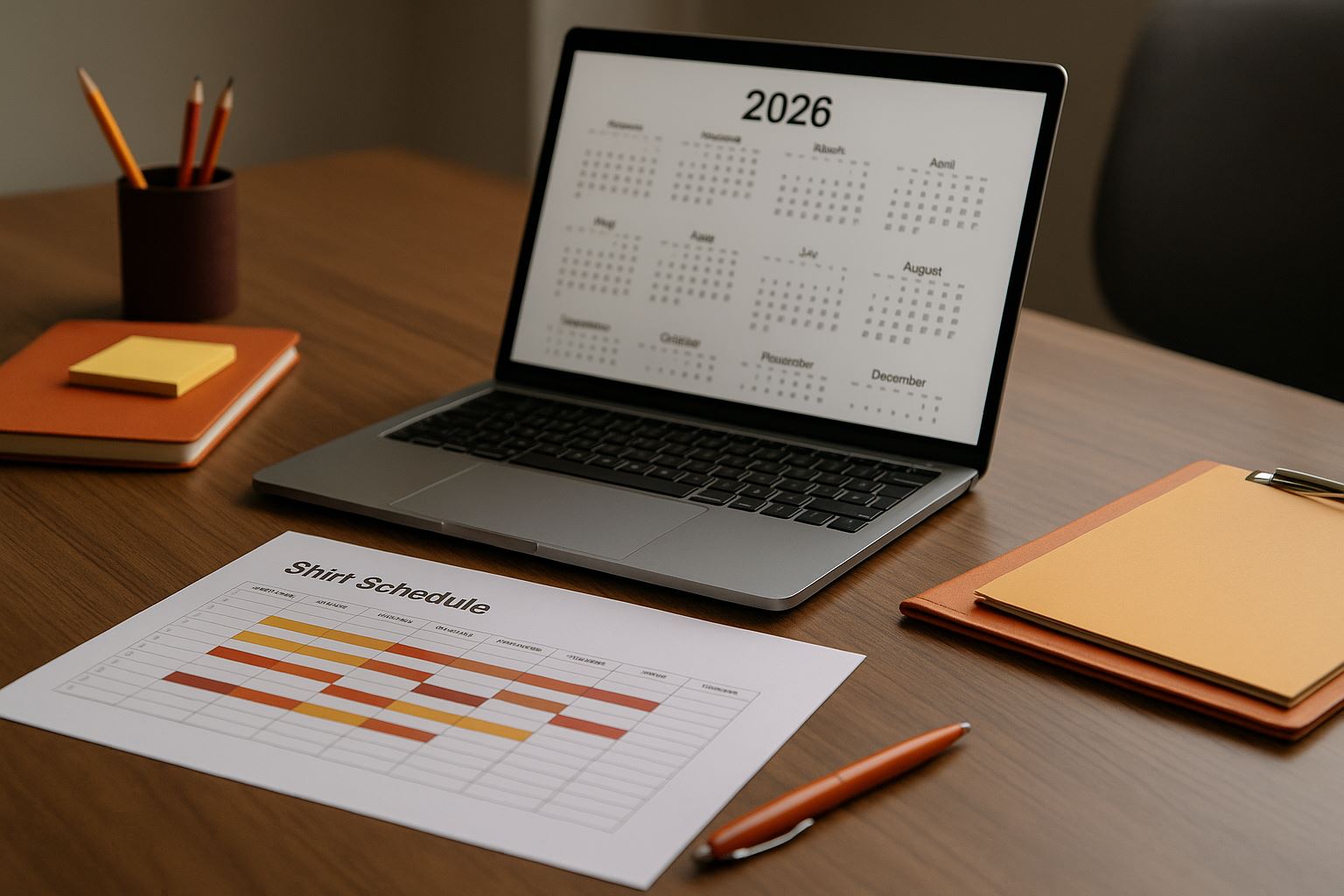 Ilustrasi ruang kerja modern dengan kalender 2026 dan tabel shift untuk mendukung penjadwalan kerja efektif 2026 dalam perencanaan operasional kantor dan pabrik.