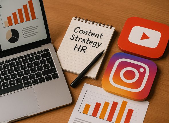 Ilustrasi strategi distribusi konten HR dengan visual ultra-realistis bertema analitik digital dan media sosial modern untuk mendukung employer branding 2025–2026.