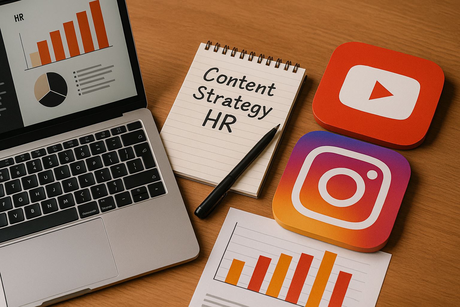 Ilustrasi strategi distribusi konten HR dengan visual ultra-realistis bertema analitik digital dan media sosial modern untuk mendukung employer branding 2025–2026.