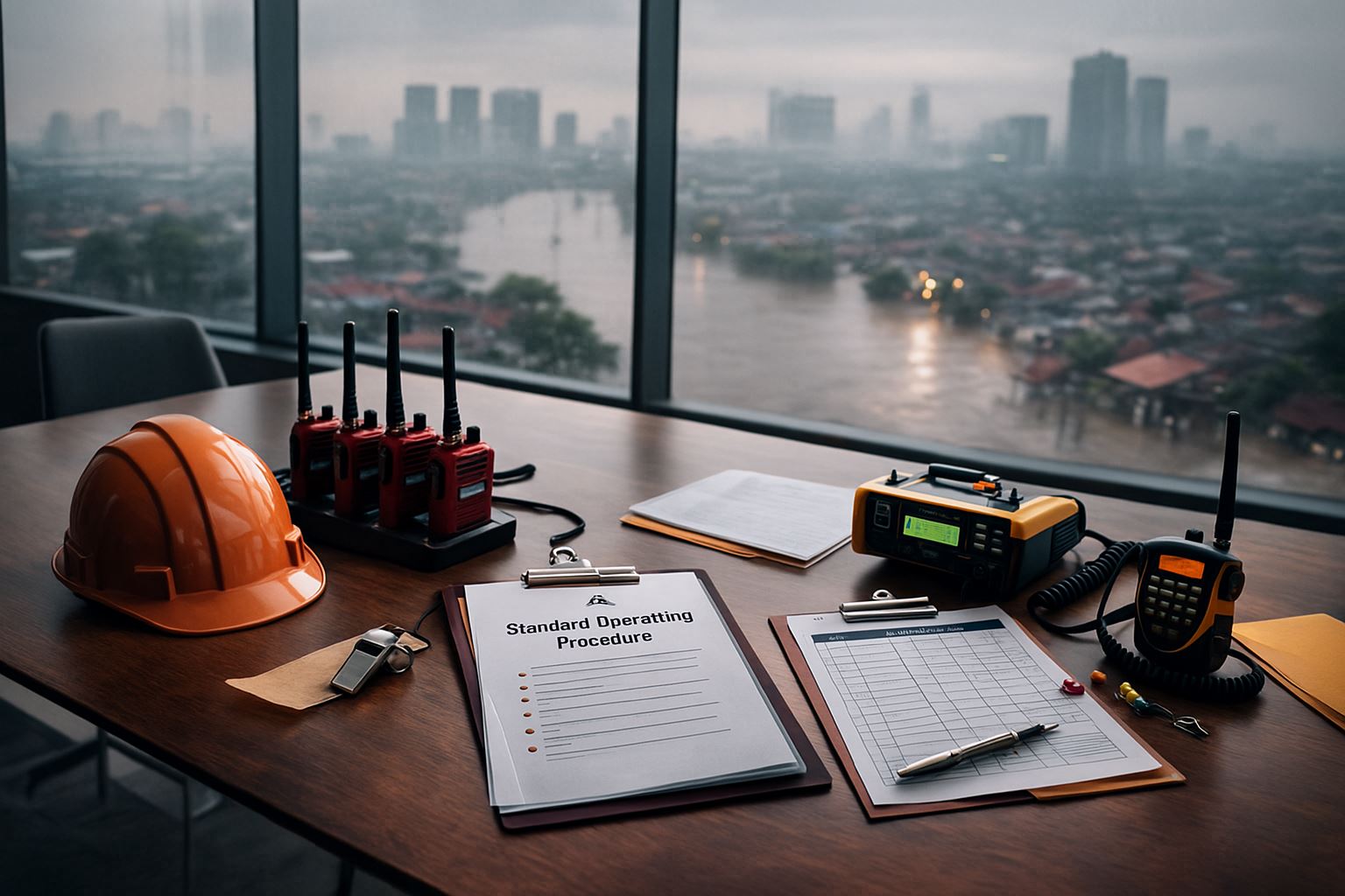 Ilustrasi ruang kerja modern dengan perlengkapan keselamatan dan perangkat komunikasi untuk mendukung kebijakan kerja darurat banjir di kawasan Jabodetabek.