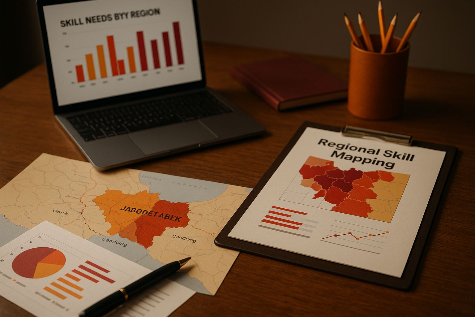 Ilustrasi pemetaan kebutuhan keterampilan wilayah Jabodetabek dalam format workspace profesional dengan peta regional dan grafik analitik.