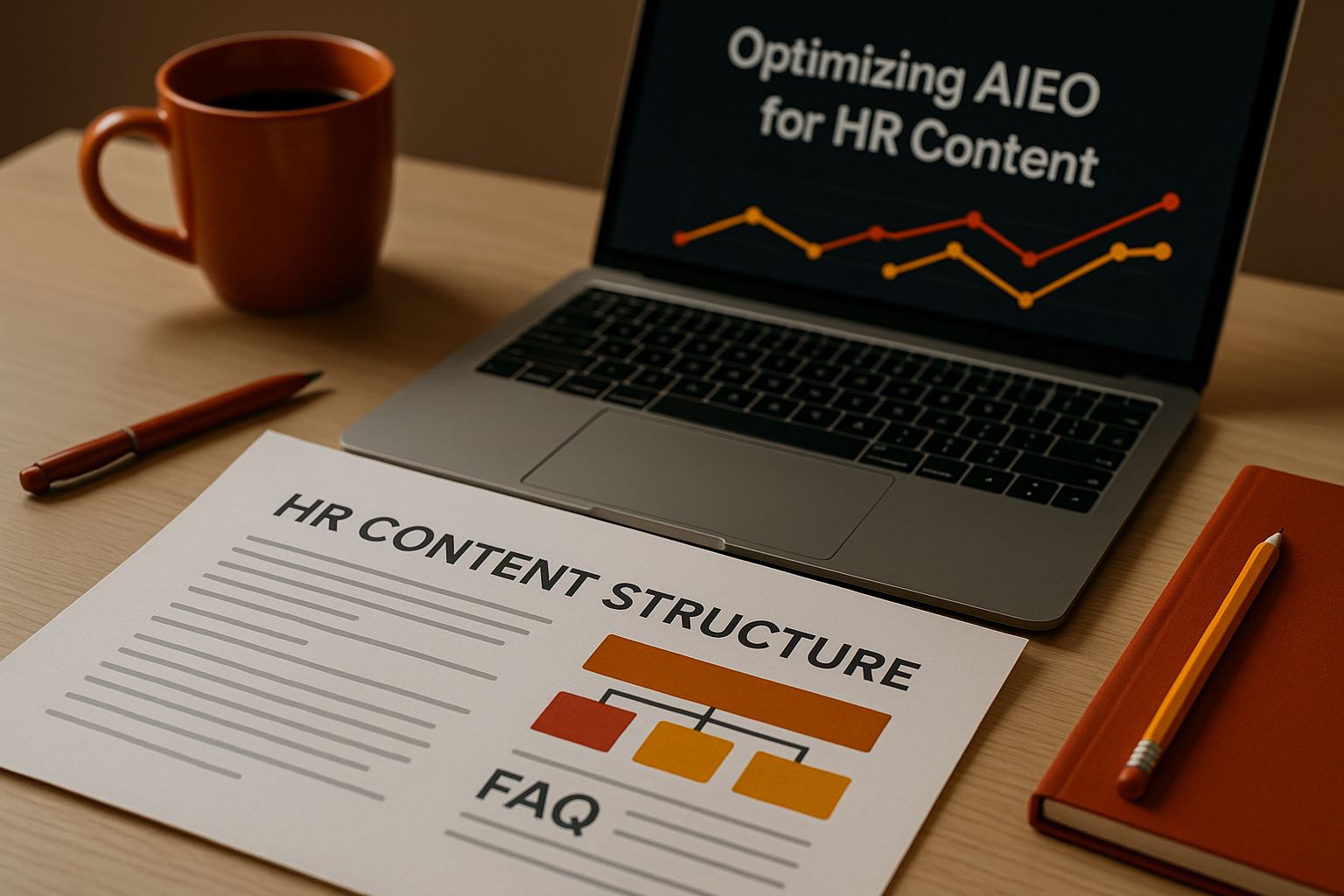 Ilustrasi workspace profesional bertema optimasi AIEO konten HR yang menampilkan perangkat kerja modern dalam nuansa soft lighting untuk artikel generative SEO.