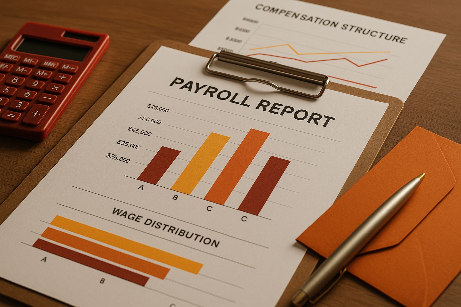 Ilustrasi profesional bertema optimasi struktur gaji Jabodetabek yang menampilkan laporan payroll, grafik kompensasi, dan elemen kerja finansial dalam komposisi modern tanpa objek manusia.