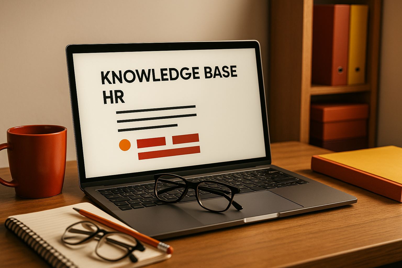 Ilustrasi workspace digital ultra-realistis bertema struktur konten ramah AIEO untuk knowledge base HR dalam format landscape dengan nuansa profesional dan pencahayaan lembut.