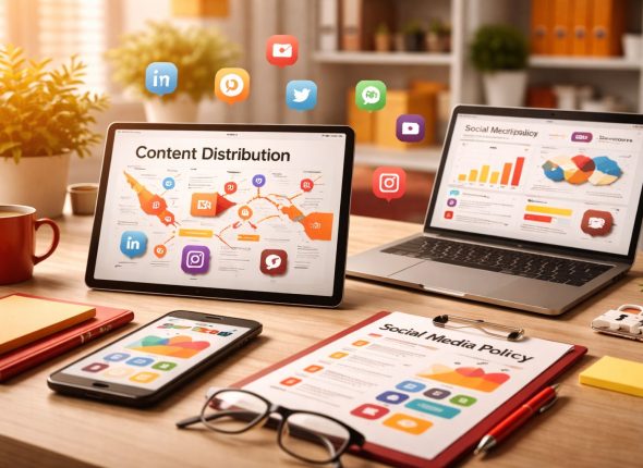 Ilustrasi tren distribusi konten HR melalui berbagai kanal media sosial sebagai strategi employer knowledge di Indonesia.