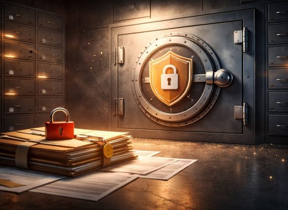 Ilustrasi tata kelola keamanan HRIS yang menekankan perlindungan data SDM dan pencegahan kebocoran informasi organisasi.