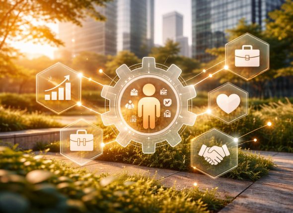 Ilustrasi pengungkapan human capital ESG yang merepresentasikan keterkaitan kinerja SDM, keberlanjutan, dan tata kelola perusahaan.