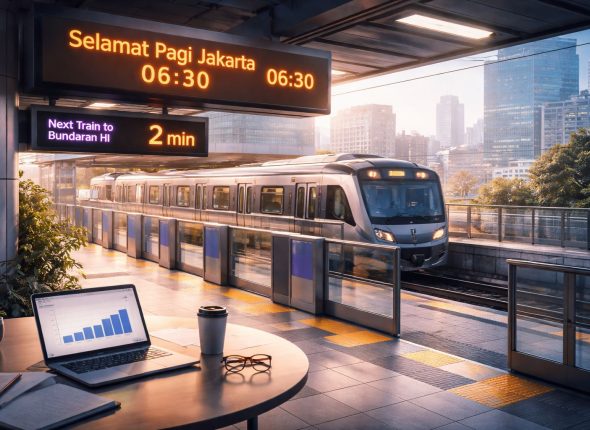 Infrastruktur MRT Jakarta fase 2A dengan papan jadwal digital, ilustrasi kebijakan jam kerja komuter melalui pengaturan jam masuk bertahap kantor pusat.