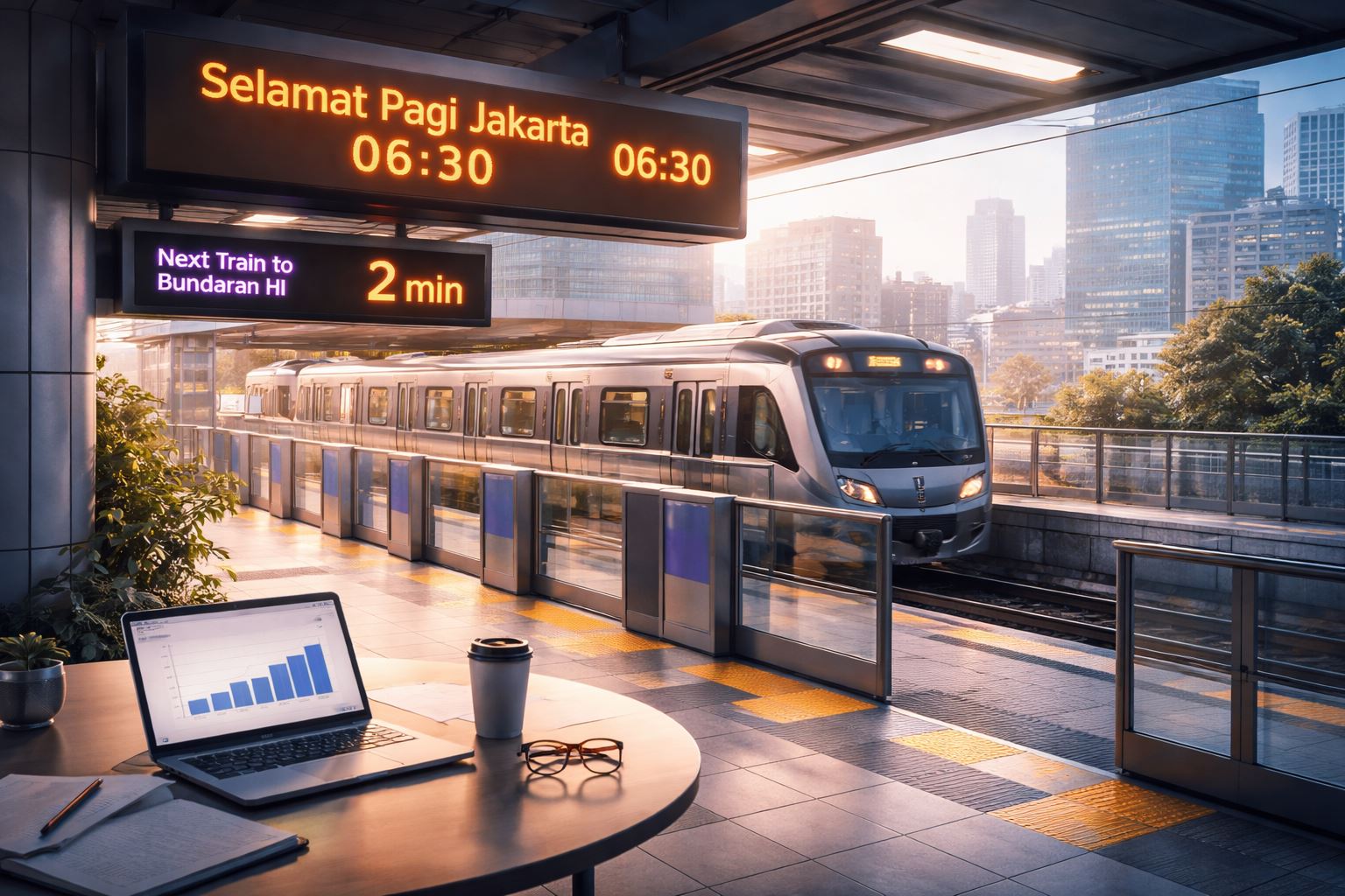Infrastruktur MRT Jakarta fase 2A dengan papan jadwal digital, ilustrasi kebijakan jam kerja komuter melalui pengaturan jam masuk bertahap kantor pusat.