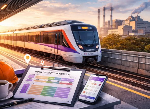 Penjadwalan shift berbasis mobilitas dengan LRT Jabodebek headway 10 menit untuk rute Bekasi–Cibubur, mendukung perencanaan jam kerja pabrik.