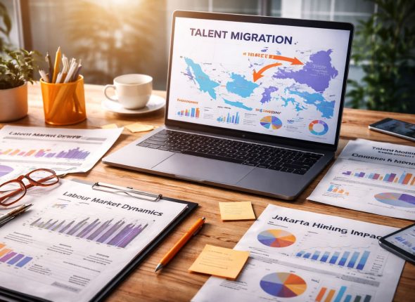 Ilustrasi dinamika pasar tenaga kerja: peta arus migrasi talenta dan grafik perekrutan Jakarta terkait perpindahan ke IKN.