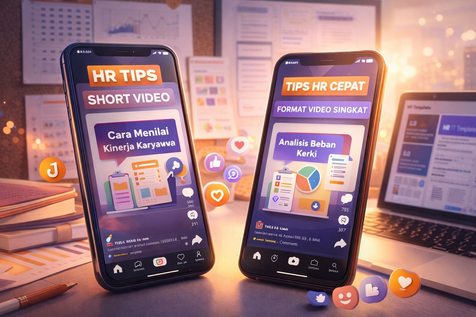 Format edukasi singkat HR untuk konten viral 2026 di TikTok/IG, menampilkan pola engagement dan ringkasan tips HR faktual tanpa narasi panjang.