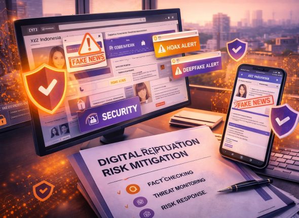 Mitigasi risiko reputasi digital pada kanal rekrutmen: deteksi hoaks dan deepfake melalui pemantauan ancaman dan verifikasi konten.