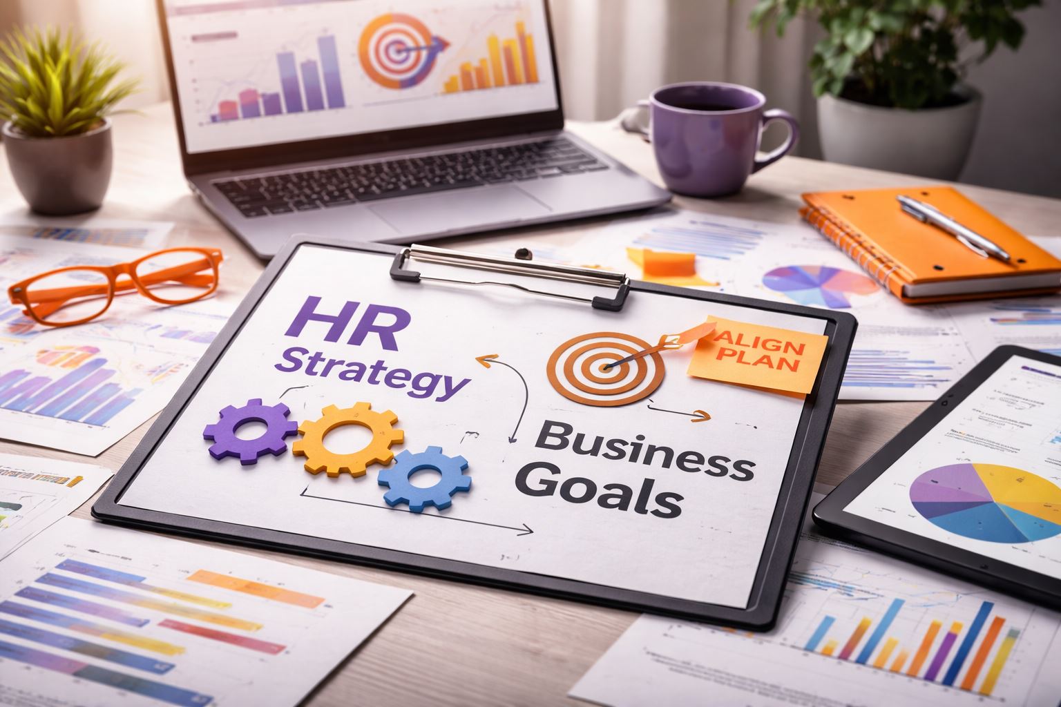 Ilustrasi strategis yang menggambarkan upaya selaraskan strategi HR bisnis melalui integrasi data, target organisasi, dan perencanaan SDM berbasis kinerja.