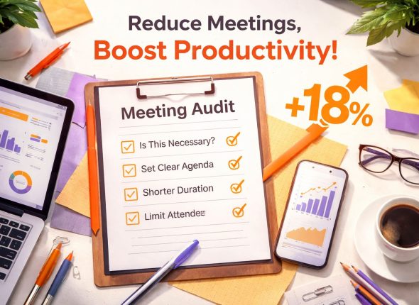 Ilustrasi audit meeting di meja kerja modern yang menunjukkan cara mengurangi meeting untuk menaikkan produktivitas kerja hingga 18% melalui checklist efektif dan berbasis data.